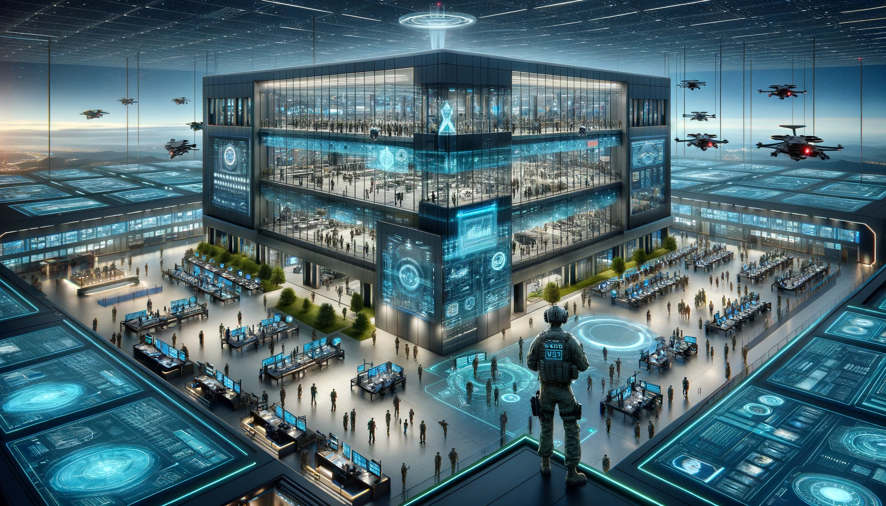 A scene of a futuristic military headquarters.